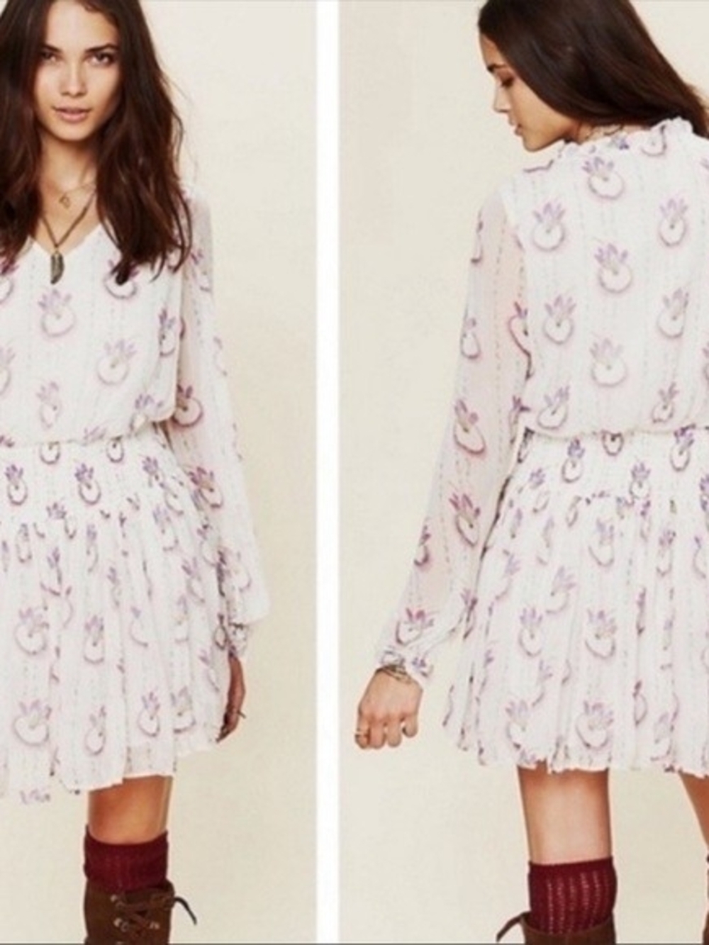 Free People White Feather Long-Sleeve Blouson Style Mini Dress Smock Waist
